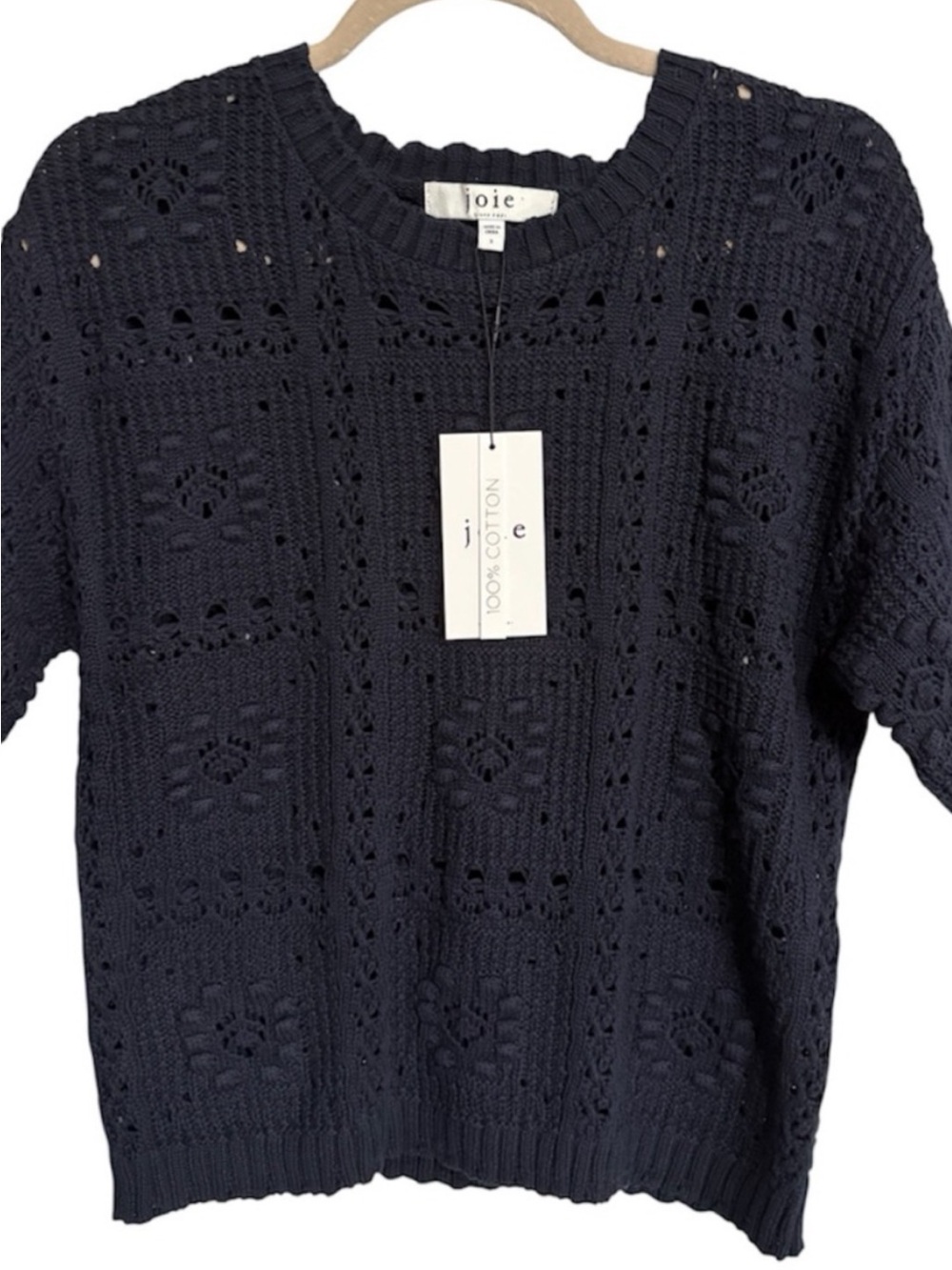 Joie Navy Open Knit Cotton Short Sleeve Boho Preppy Coastal Sweater Small NWT